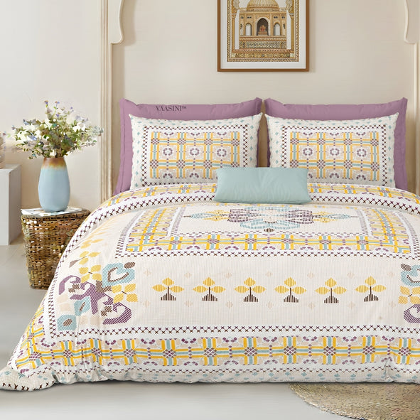 Tribal Frame Lavender & Gold Pure Cotton King Size Bedsheet