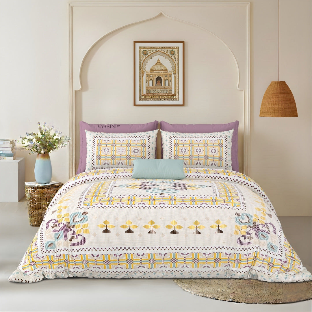 Tribal Frame Lavender & Gold Pure Cotton King Size Bedsheet