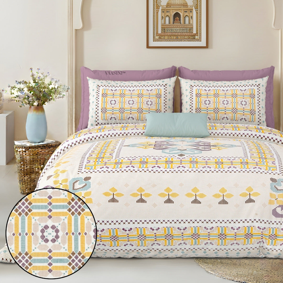 Tribal Frame Lavender & Gold Pure Cotton King Size Bedsheet