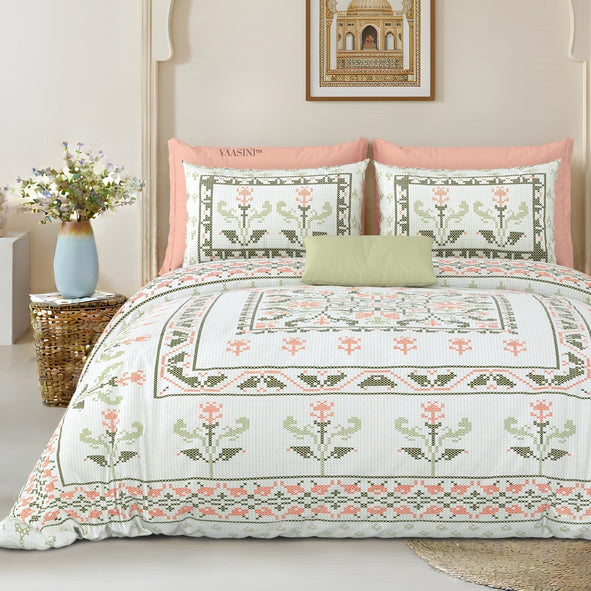 Regal Tulip Moss & Coral Pure Cotton King Size Bedsheet