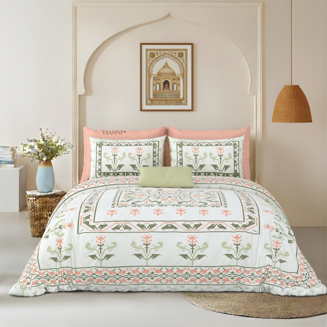 Regal Tulip Moss & Coral Pure Cotton King Size Bedsheet