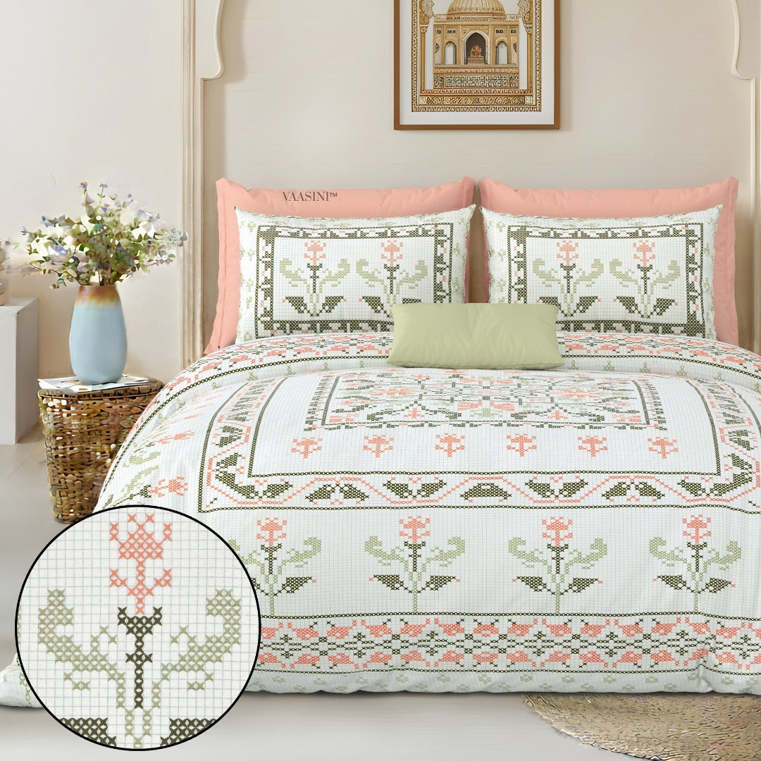 Regal Tulip Moss & Coral Pure Cotton King Size Bedsheet