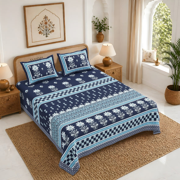 Heritage Bloom Edition Deep Navy & Ocean Blue Premium Pure Cotton King Size Bedsheet