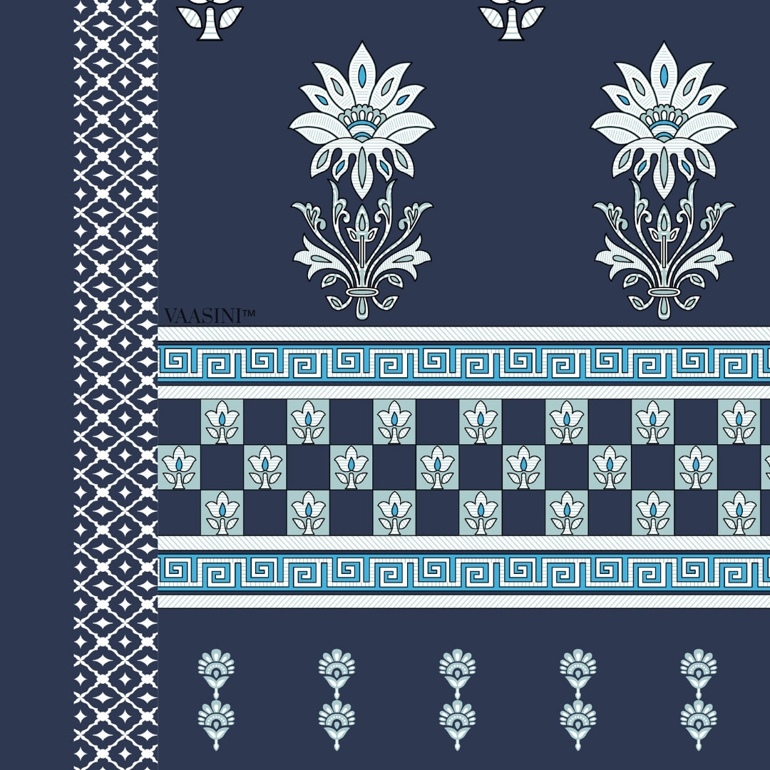 Heritage Bloom Edition Deep Navy & Ocean Blue Premium Pure Cotton King Size Bedsheet
