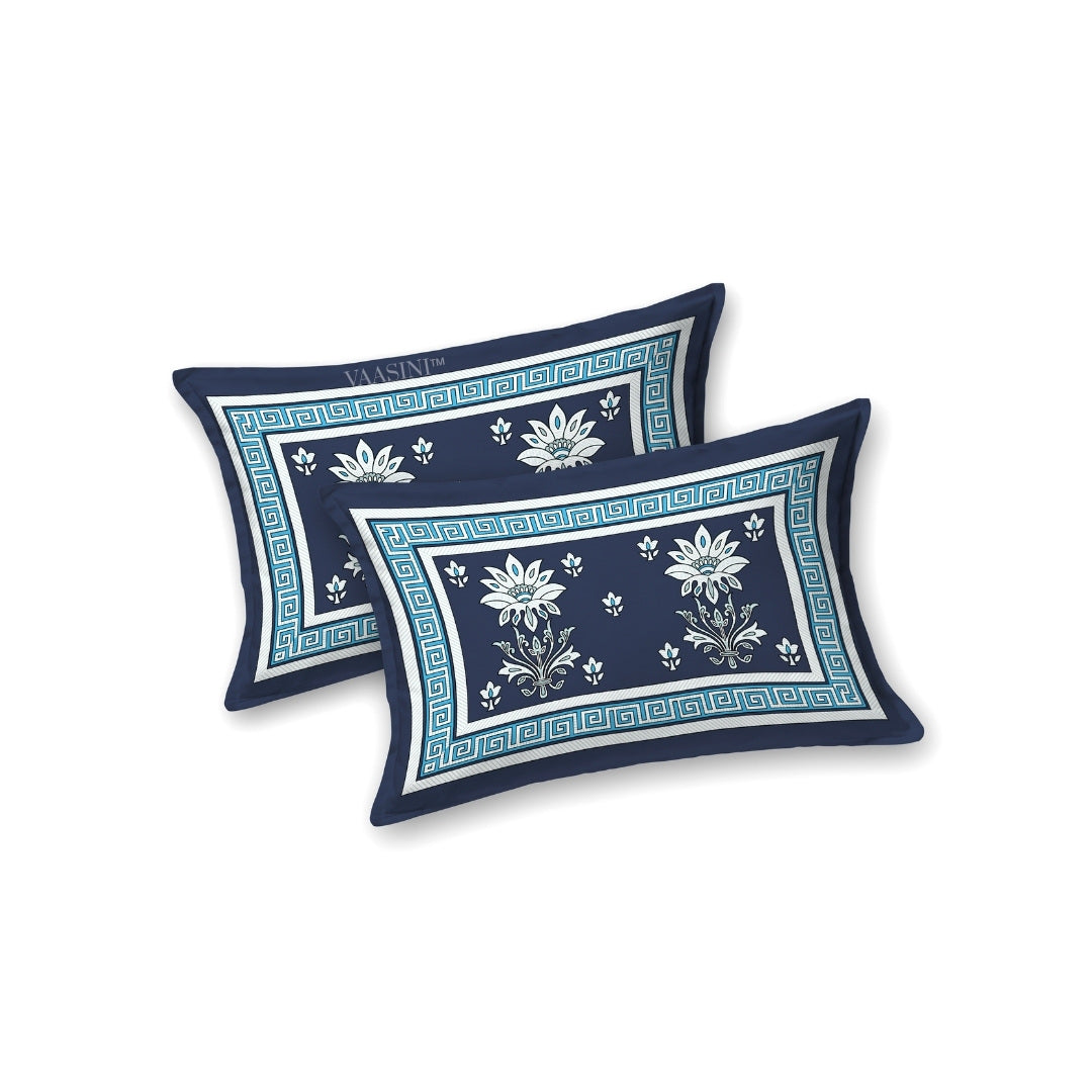 Heritage Bloom Edition Deep Navy & Ocean Blue Premium Pure Cotton King Size Bedsheet