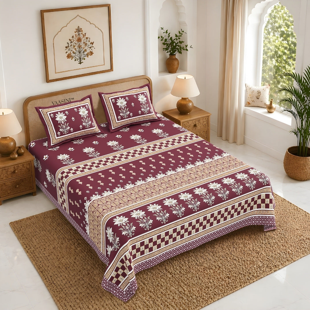 Heritage Bloom Edition Rich Wine Burgundy Premium Pure Cotton King Size Bedsheet