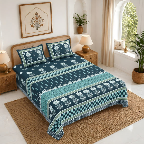 Heritage Bloom Edition Dark Teal & Mint Premium Pure Cotton King Size Bedsheet