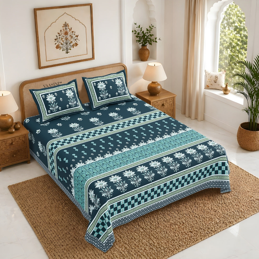 Heritage Bloom Edition Dark Teal & Mint Premium Pure Cotton King Size Bedsheet
