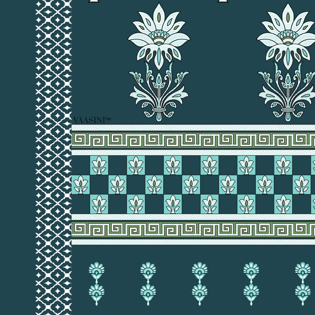 Heritage Bloom Edition Dark Teal & Mint Premium Pure Cotton King Size Bedsheet