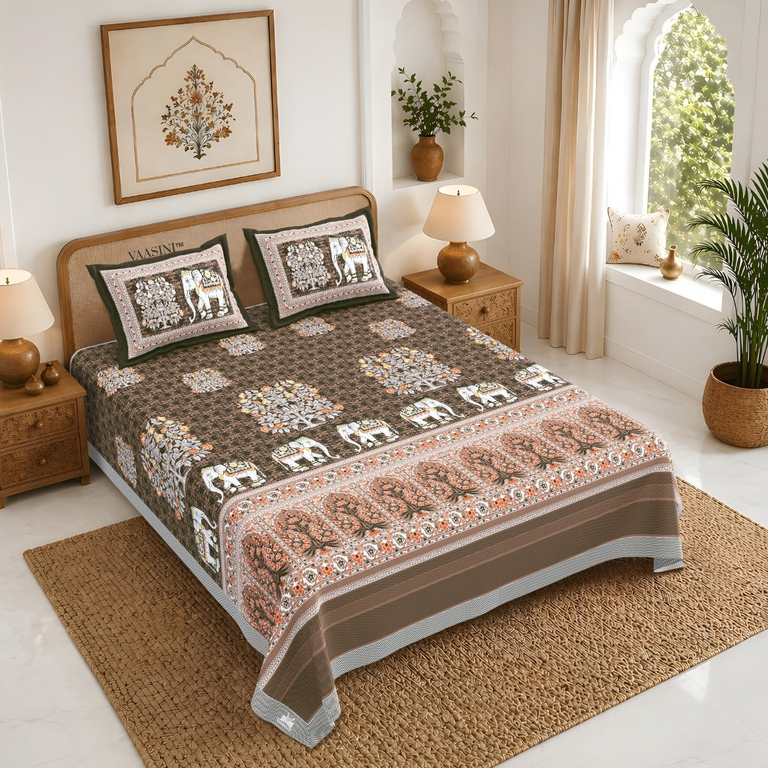 Royal Caravan Elephant Print Earthy Charcoal Pure Cotton King Size Bedsheet