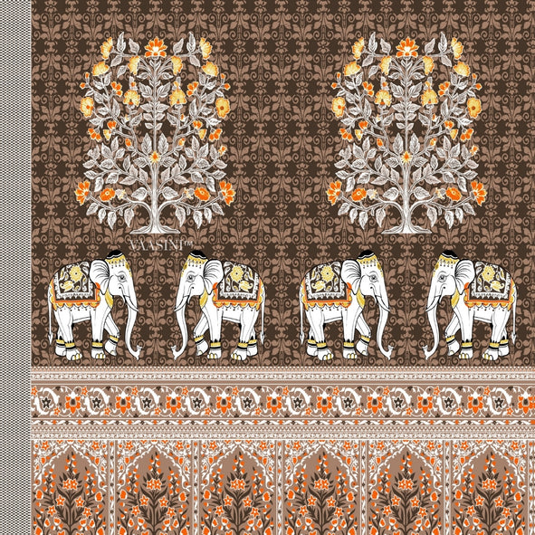 Royal Caravan Elephant Print Earthy Charcoal Pure Cotton King Size Bedsheet