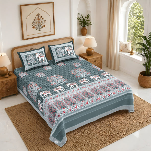 Royal Caravan Elephant Print Sage Slate Pure Cotton King Size Bedsheet