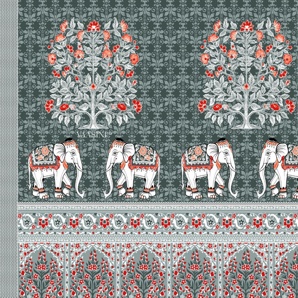 Royal Caravan Elephant Print Sage Slate Pure Cotton King Size Bedsheet