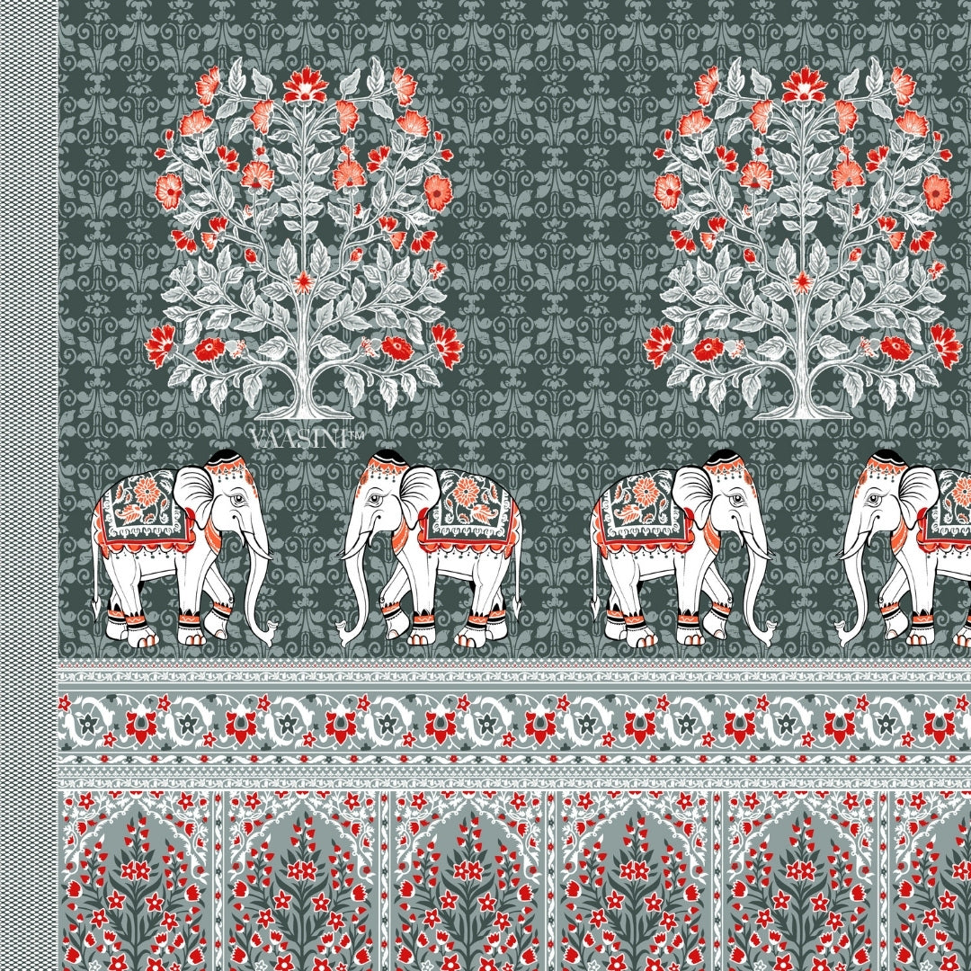 Royal Caravan Elephant Print Sage Slate Pure Cotton King Size Bedsheet