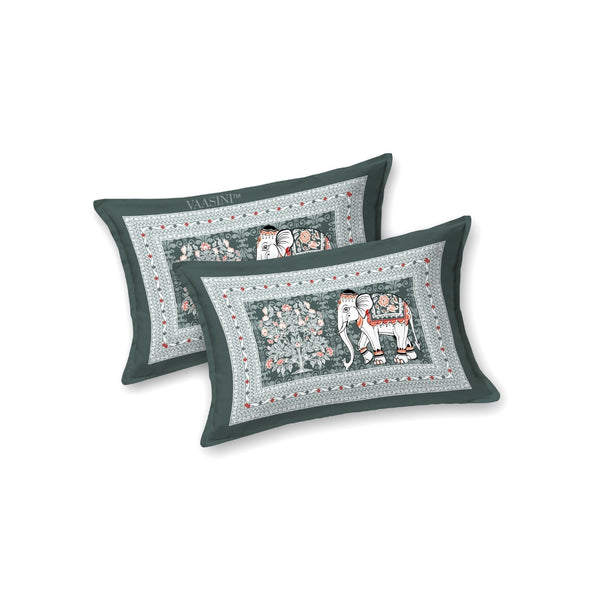 Royal Caravan Elephant Print Sage Slate Pure Cotton King Size Bedsheet