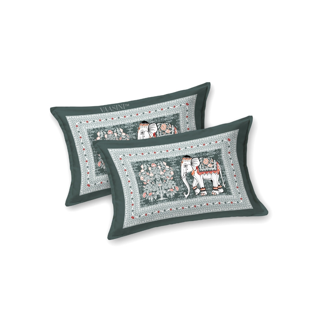 Royal Caravan Elephant Print Sage Slate Pure Cotton King Size Bedsheet