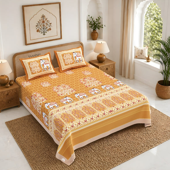 Royal Caravan Elephant Print Marigold Ochre Pure Cotton King Size Bedsheet