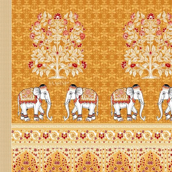 Royal Caravan Elephant Print Marigold Ochre Pure Cotton King Size Bedsheet