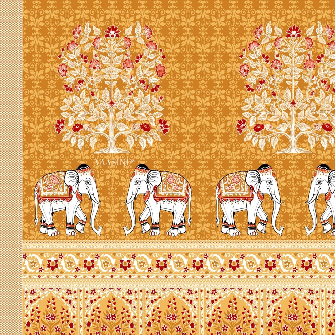 Royal Caravan Elephant Print Marigold Ochre Pure Cotton King Size Bedsheet