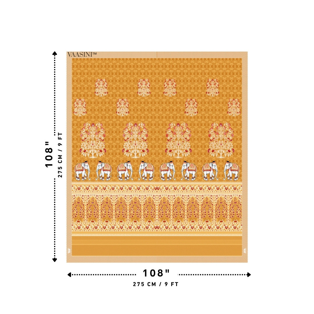 Royal Caravan Elephant Print Marigold Ochre Pure Cotton King Size Bedsheet