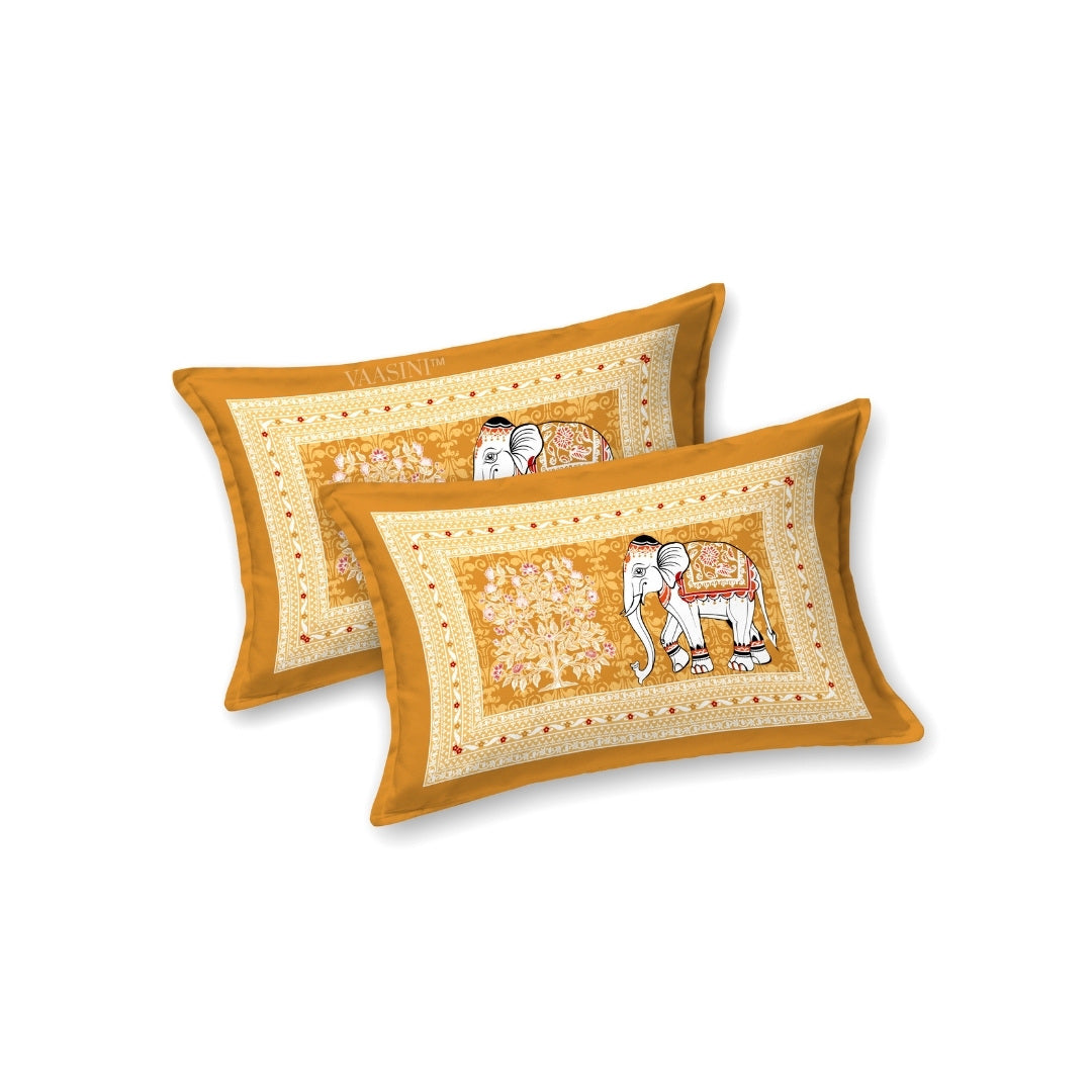 Royal Caravan Elephant Print Marigold Ochre Pure Cotton King Size Bedsheet