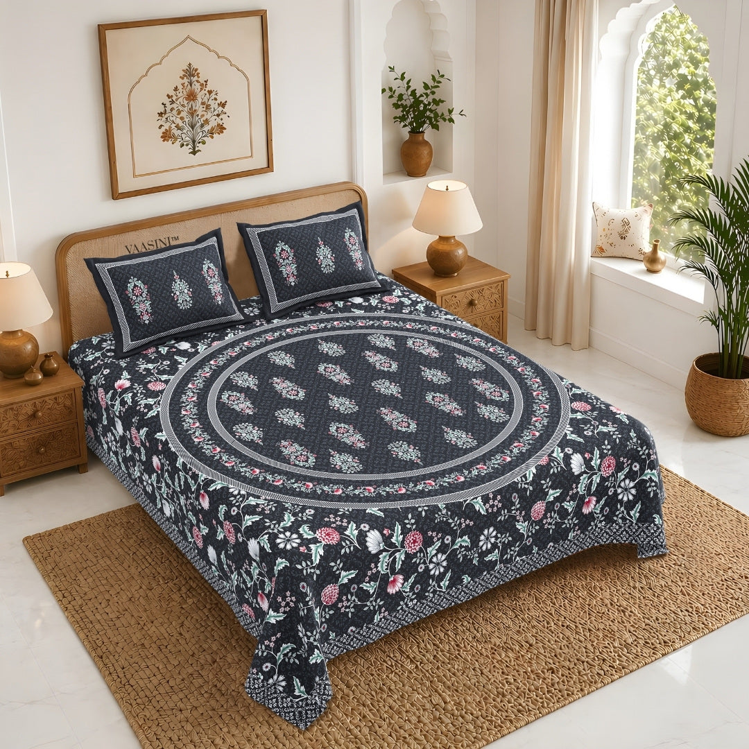 Shahi Darbar Central Medallion Deep Ink Navy Premium Pure Cotton King Size Bedsheet