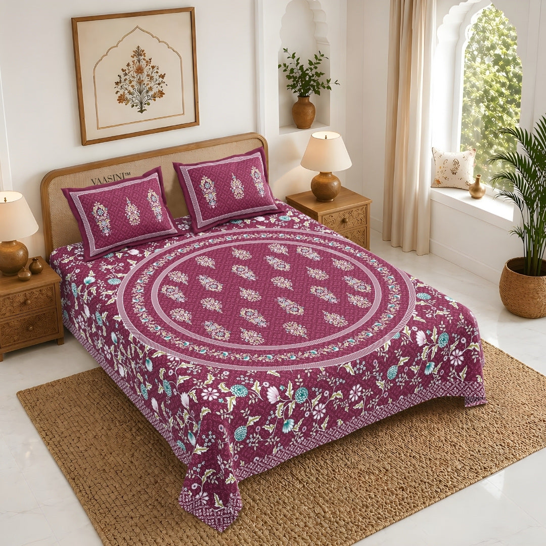 Shahi Darbar Central Medallion Berry Maroon Premium Pure Cotton King Size Bedsheet