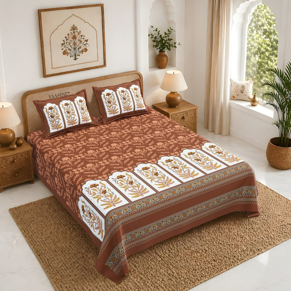 Mehrab Botanical Panel Toasted Cinnamon Premium Pure Cotton King Size Bedsheet
