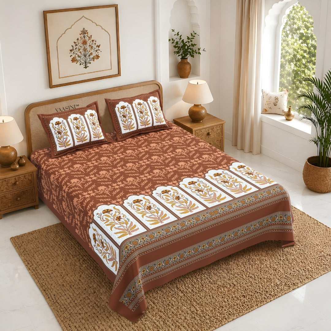 Mehrab Botanical Panel Toasted Cinnamon Premium Pure Cotton King Size Bedsheet