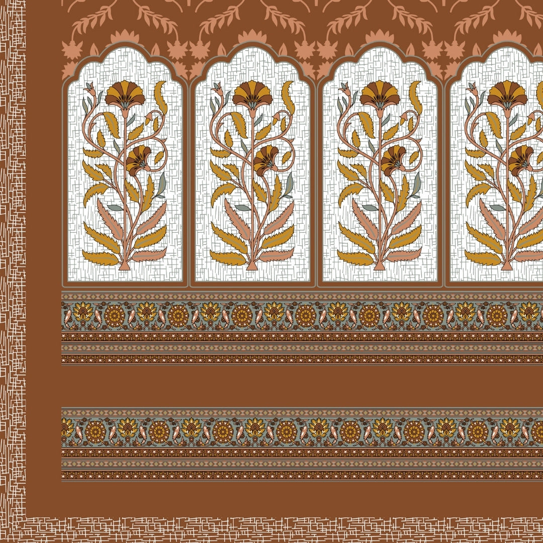 Mehrab Botanical Panel Toasted Cinnamon Premium Pure Cotton King Size Bedsheet