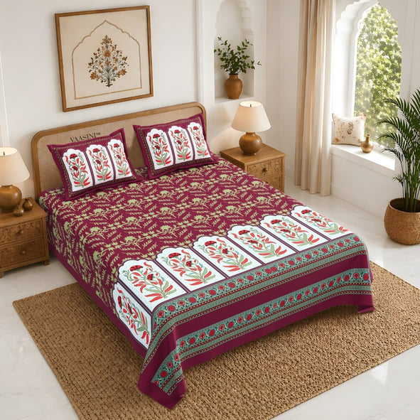 Mehrab Botanical Panel Velvet Mulberry Premium Pure Cotton King Size Bedsheet