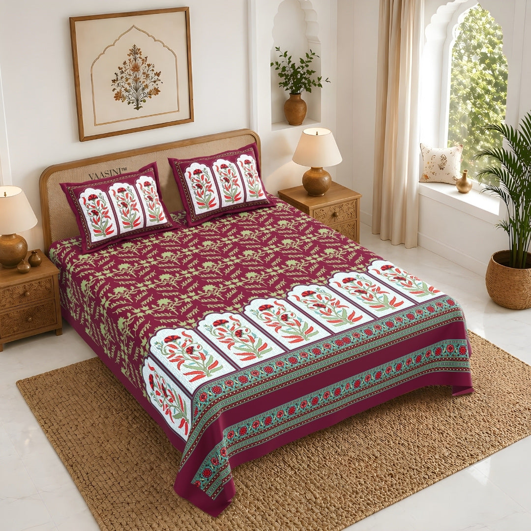 Mehrab Botanical Panel Velvet Mulberry Premium Pure Cotton King Size Bedsheet