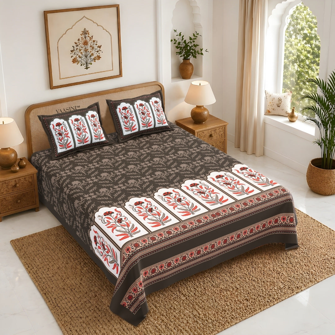 Mehrab Botanical Panel Dark Espresso Brown Premium Pure Cotton King Size Bedsheet