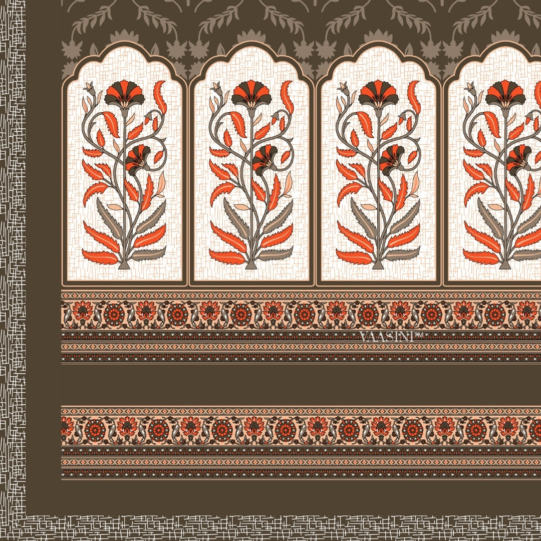 Mehrab Botanical Panel Dark Espresso Brown Premium Pure Cotton King Size Bedsheet