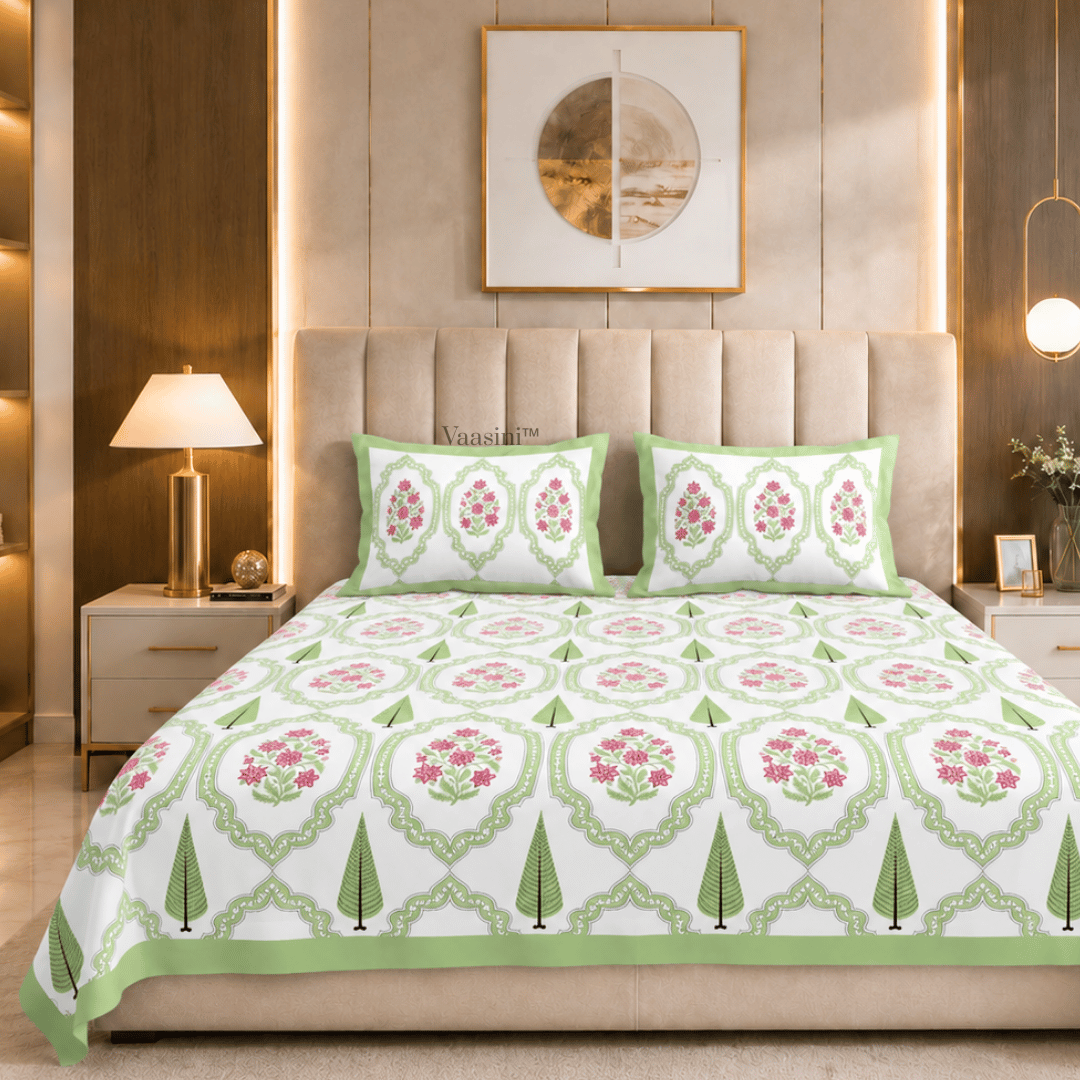 Gulabi Arches Mint Green Pure Cotton 300 TC King Size Bedsheet