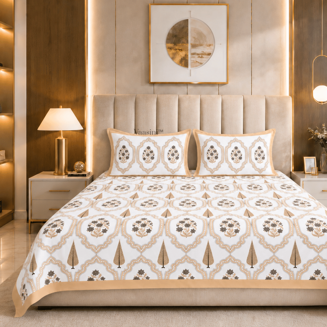 Gulabi Arches Ochre Yellow Pure Cotton 300 TC King Size Bedsheet