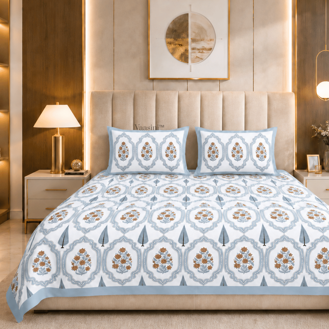 Gulabi Arches Powder Blue Pure Cotton 300 TC King Size Bedsheet