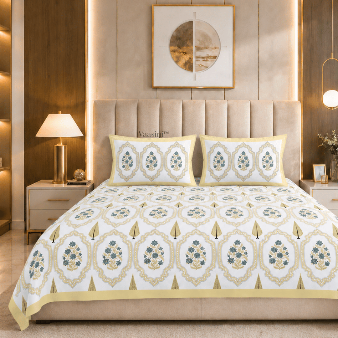Gulabi Arches Vintage Gold Pure Cotton 300 TC King Size Bedsheet