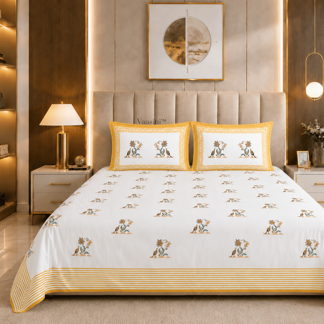 Mayura Vine Marigold Yellow Pure Cotton 300 TC King Size Bedsheet