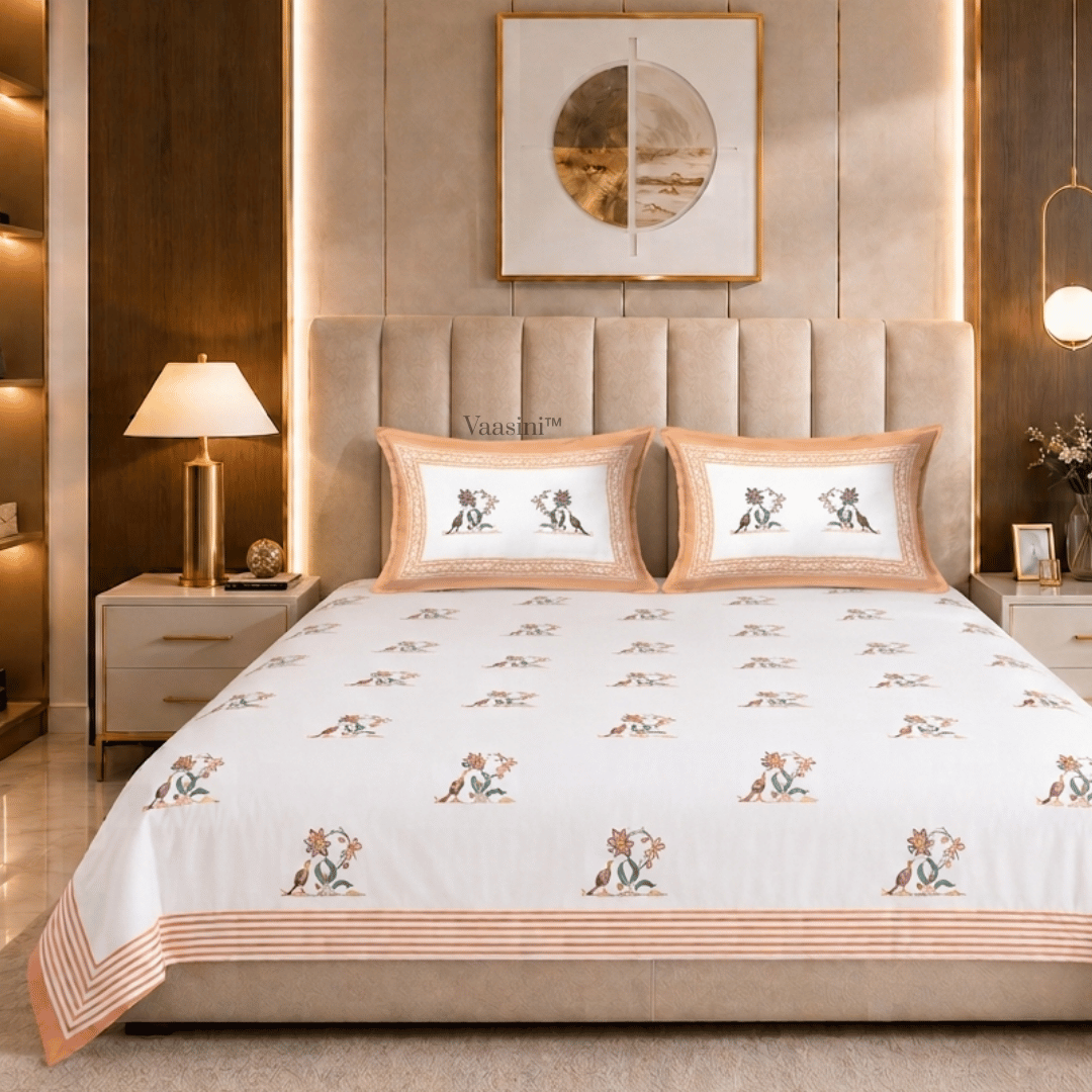 Mayura Vine Blush Pink Pure Cotton 300 TC King Size Bedsheet