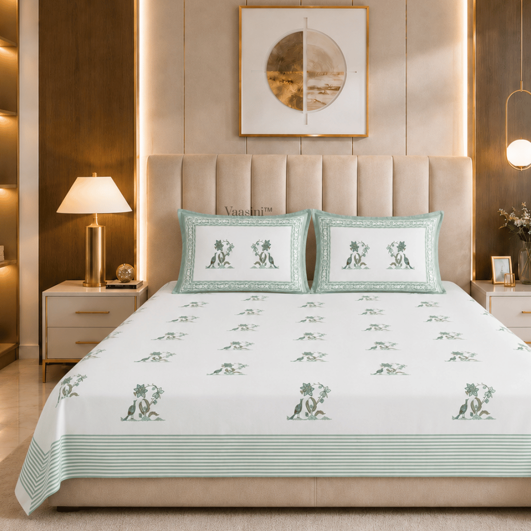 Mayura Vine Sage Green Pure Cotton 300 TC King Size Bedsheet