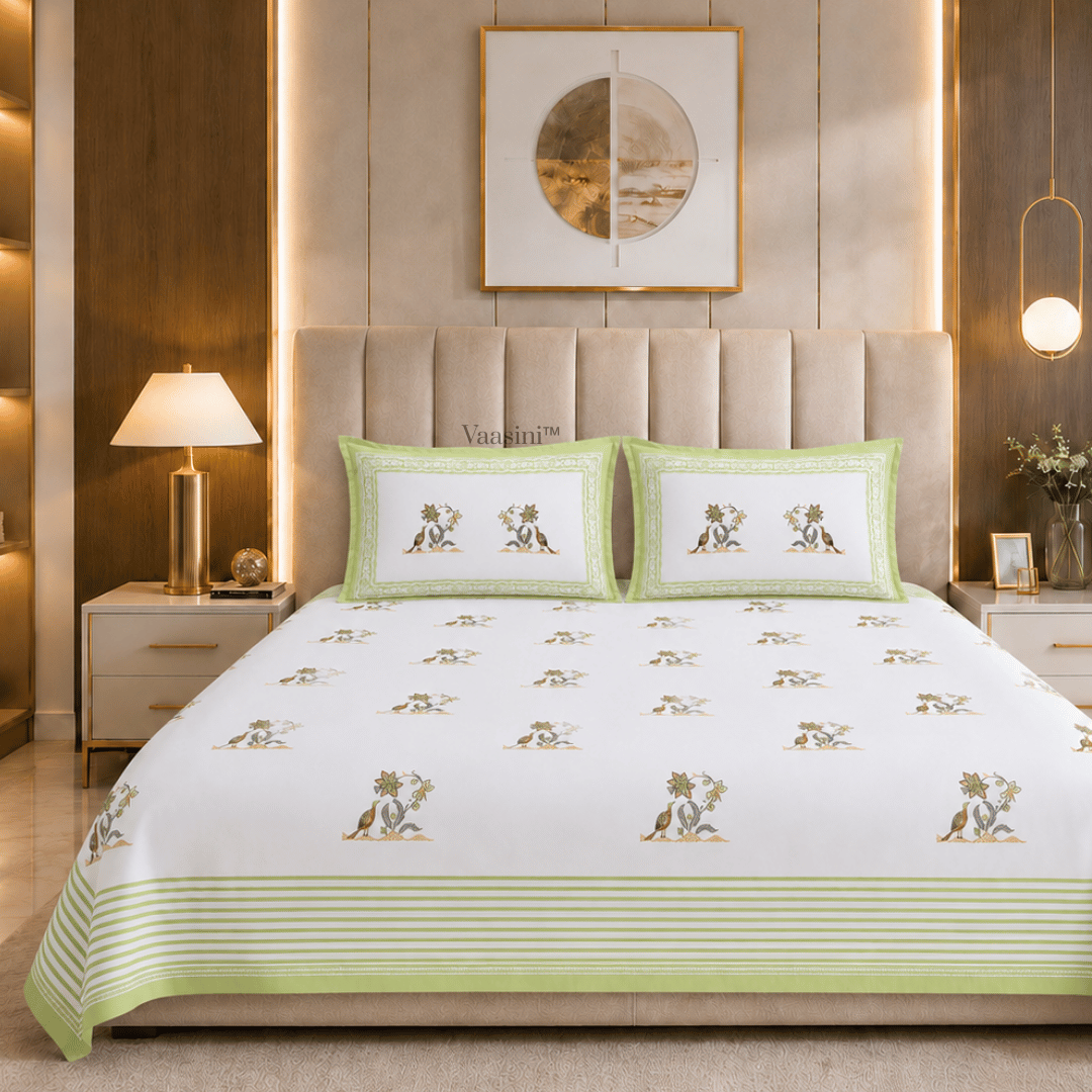 Mayura Vine Olive Green Pure Cotton 300 TC King Size Bedsheet