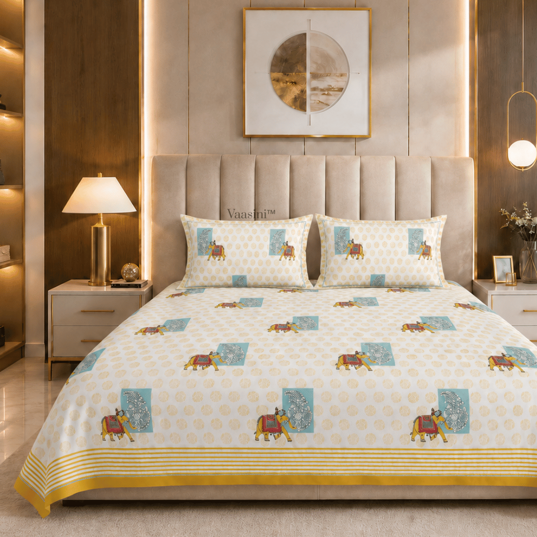 Shikargah Heritage Mustard Yellow Pure Cotton 300 TC King Size Bedsheet