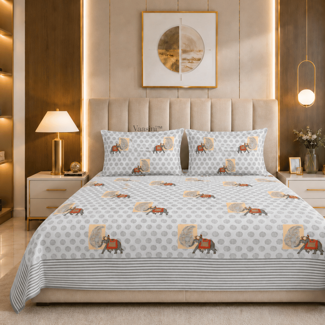 Shikargah Heritage Slate Grey Pure Cotton 300 TC King Size Bedsheet