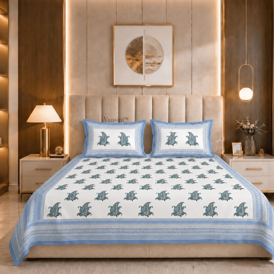 Maya Vine Teal Blue Pure Cotton 300 TC King Size Bedsheet