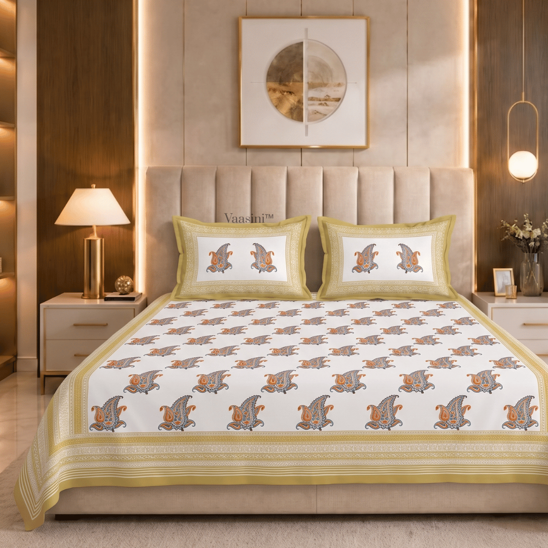 Maya Vine Mustard Grey Pure Cotton 300 TC King Size Bedsheet