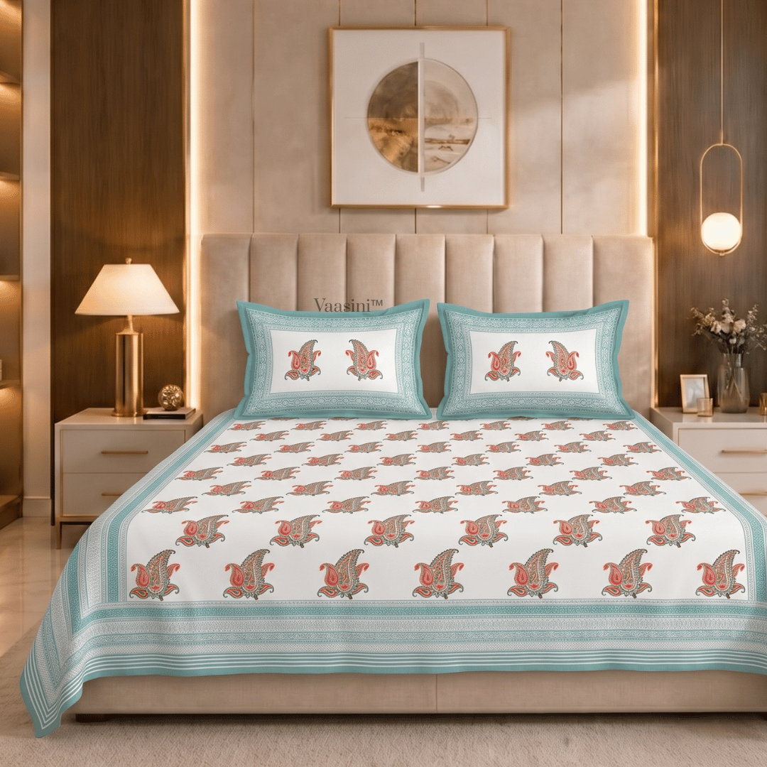 Maya Vine Sea Green Pure Cotton 300 TC King Size Bedsheet