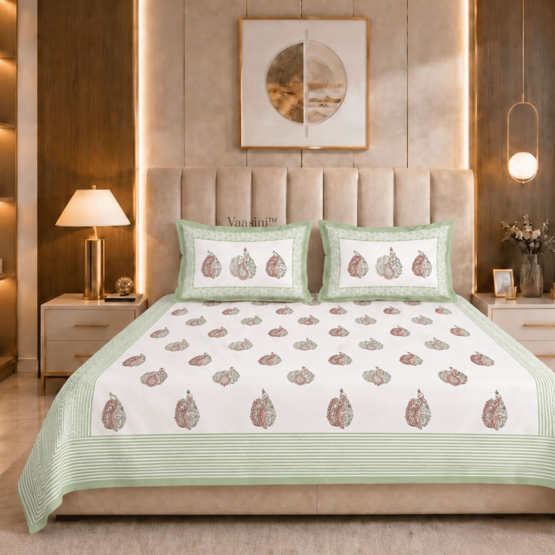 Nirvana Palms Sage Green Pure Cotton 300 TC King Size Bedsheet