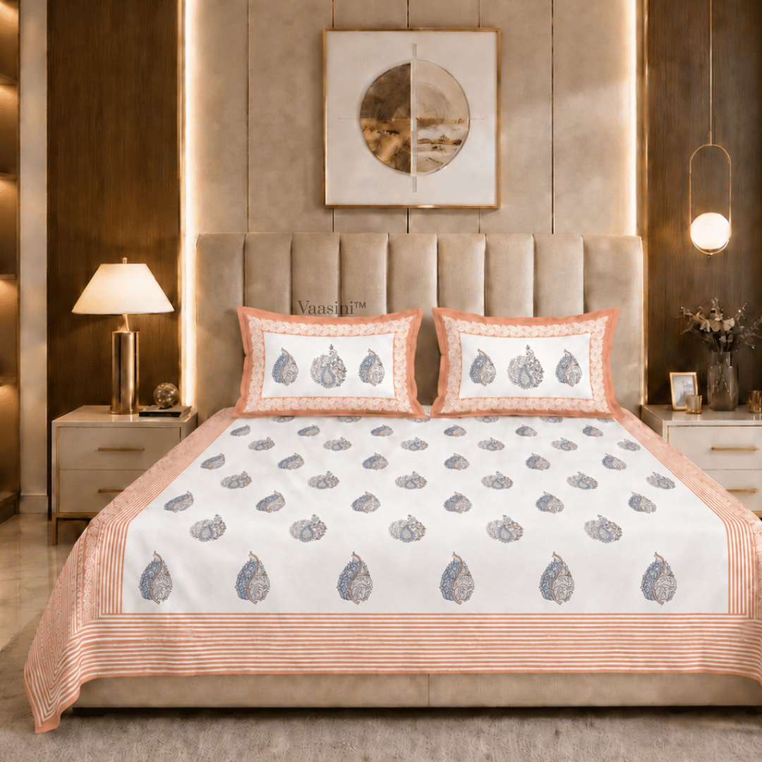 Nirvana Palms Crimson Peach Pure Cotton 300 TC King Size Bedsheet