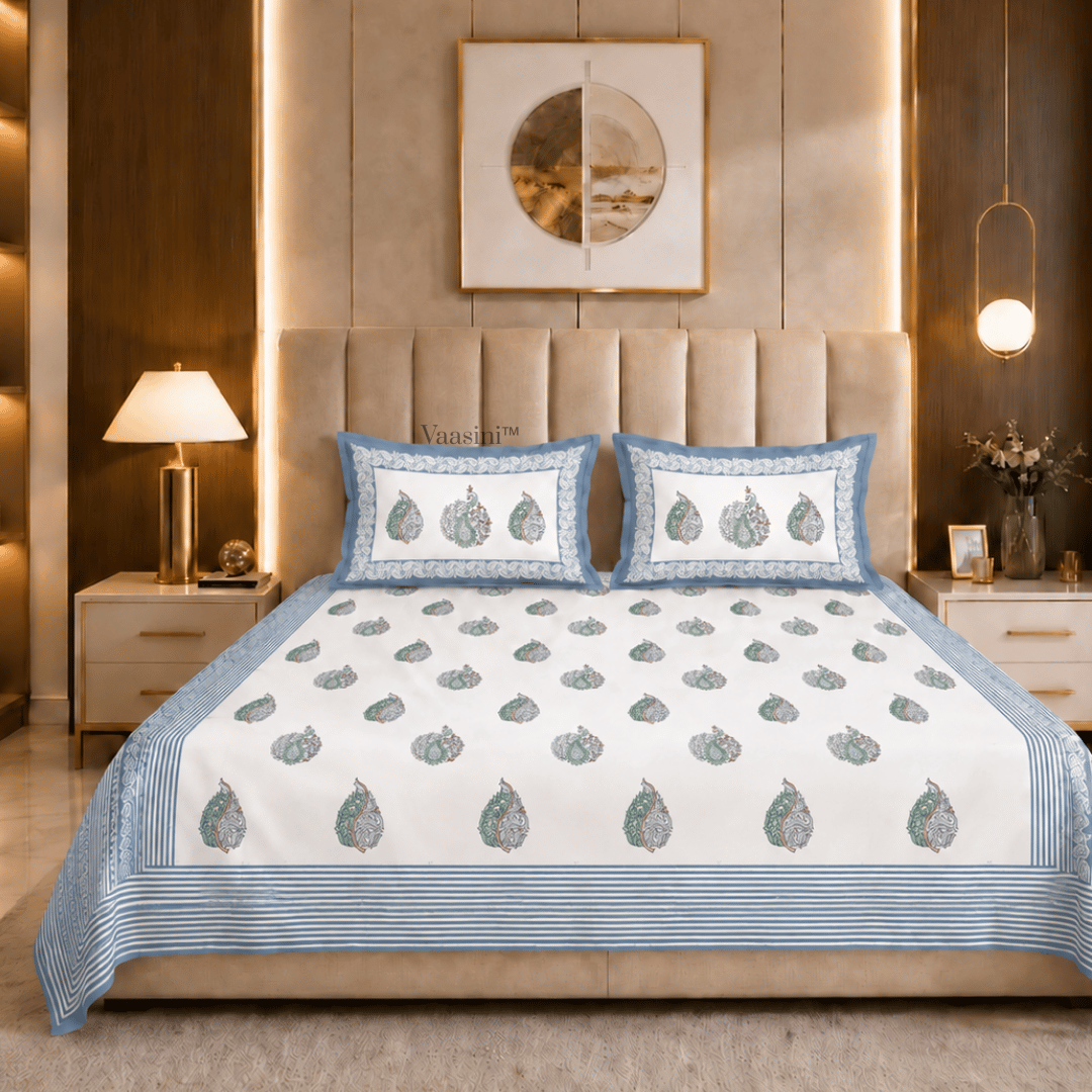 Nirvana Palms Sea Blue Pure Cotton 300 TC King Size Bedsheet